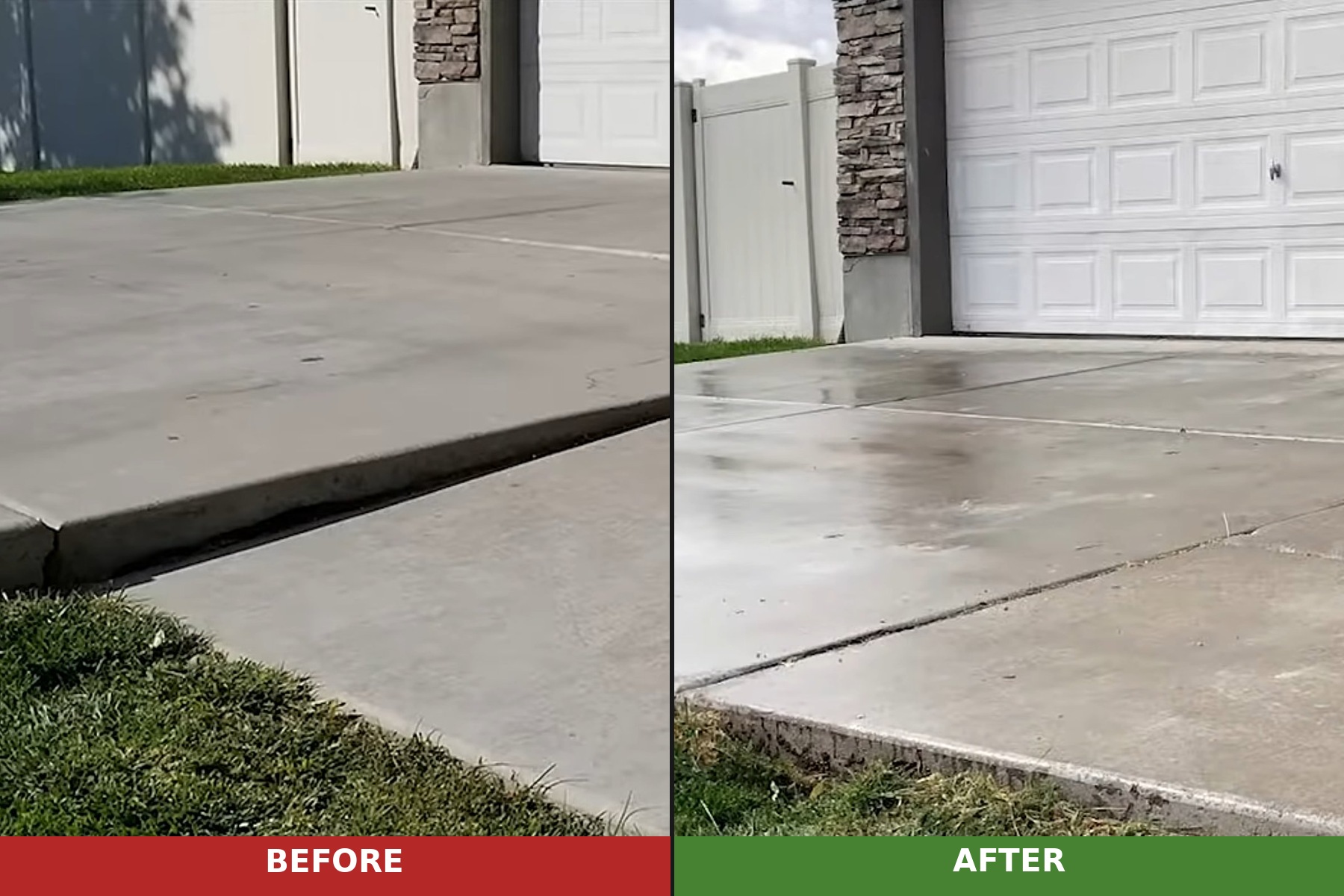 Driveway leveling before and after - sunken concrete slab raised flush with garage floor in Pocatello, ID