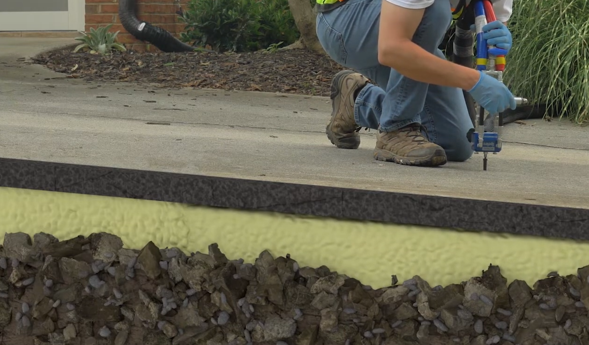 Polyjacking process - polyurethane foam injected beneath sunken concrete slab to lift and stabilize it